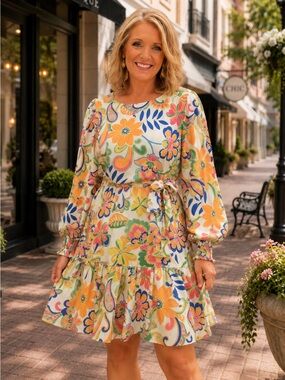 Flying Tomato Yellow Floral Puff-Sleeve Tie Waist Mini Dress Size XL